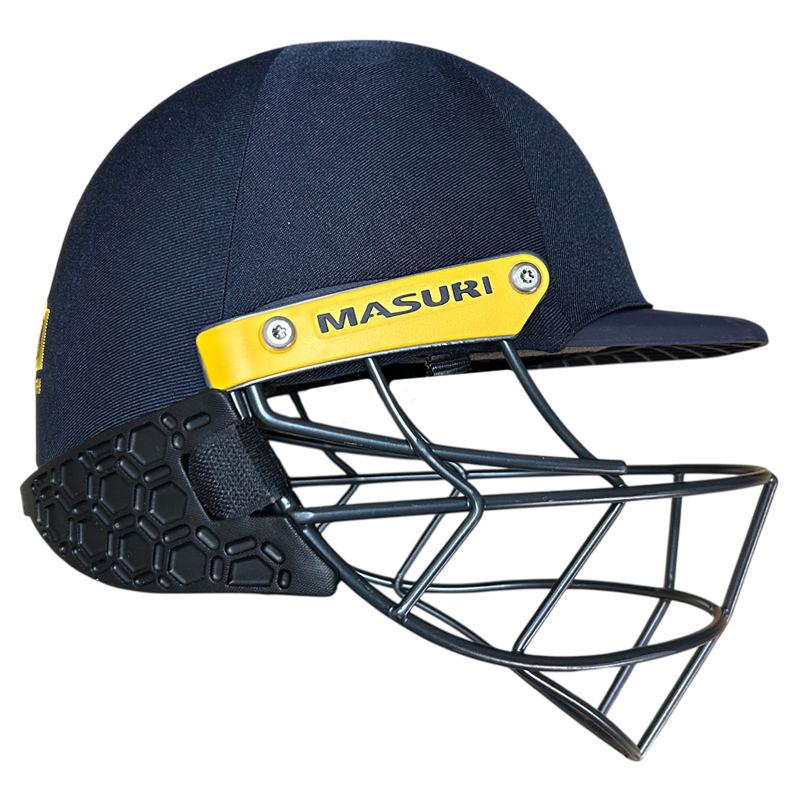 Masuri C Line plus cricket helmet with neck stem guard fitted navy side view