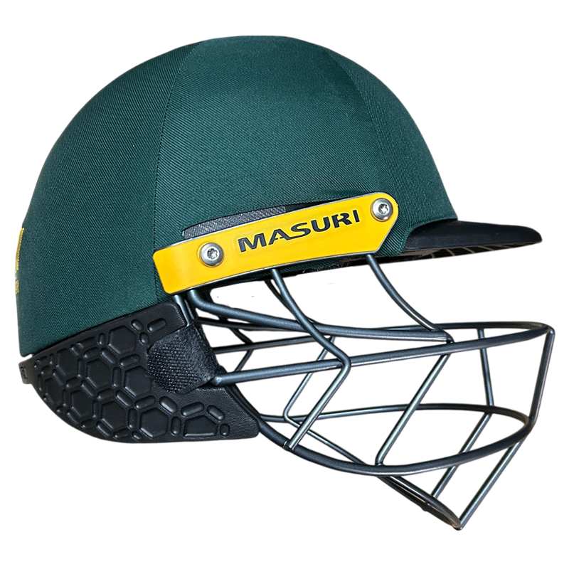 Masuri C Line plus cricket helmet with neck stem guard fitted green
