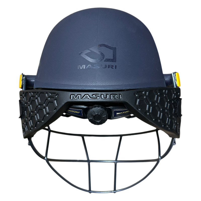 Masuri C Line cricket helmet with steel grill and neck guard fitted rear view