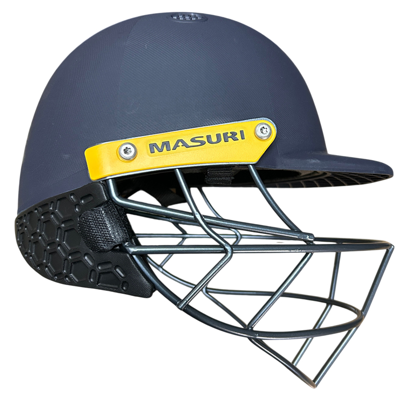 Masuri C Line cricket helmet with steel grill and neck guard fitted side view