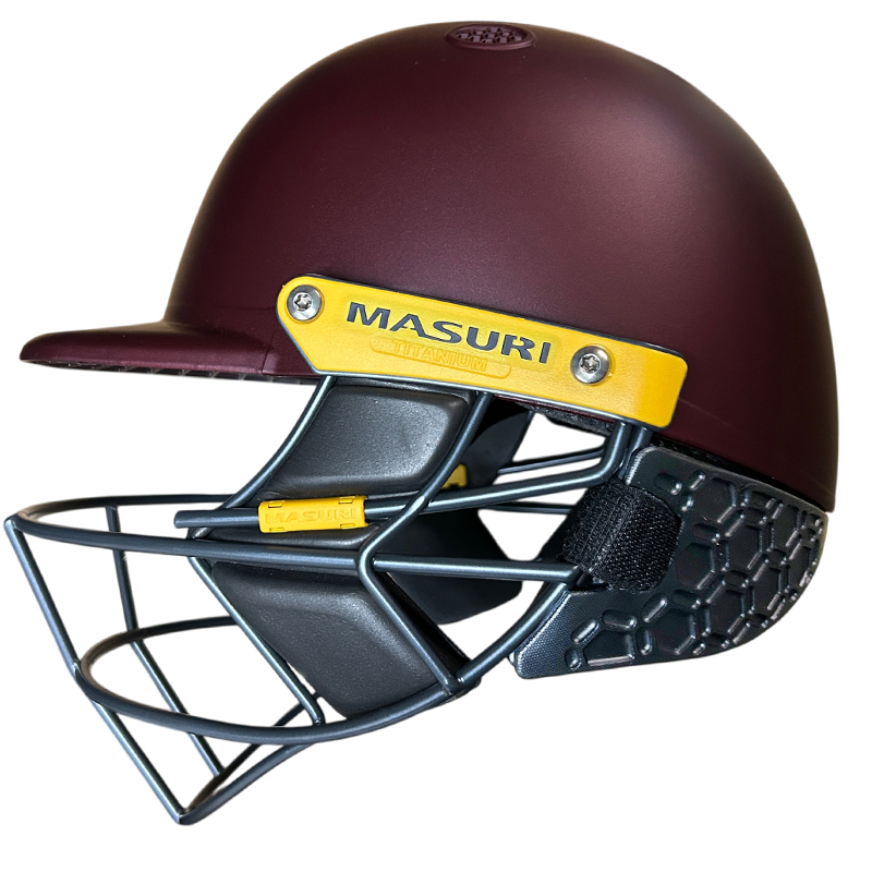 masuri t-line titanium grid helmet with neck guard maroon