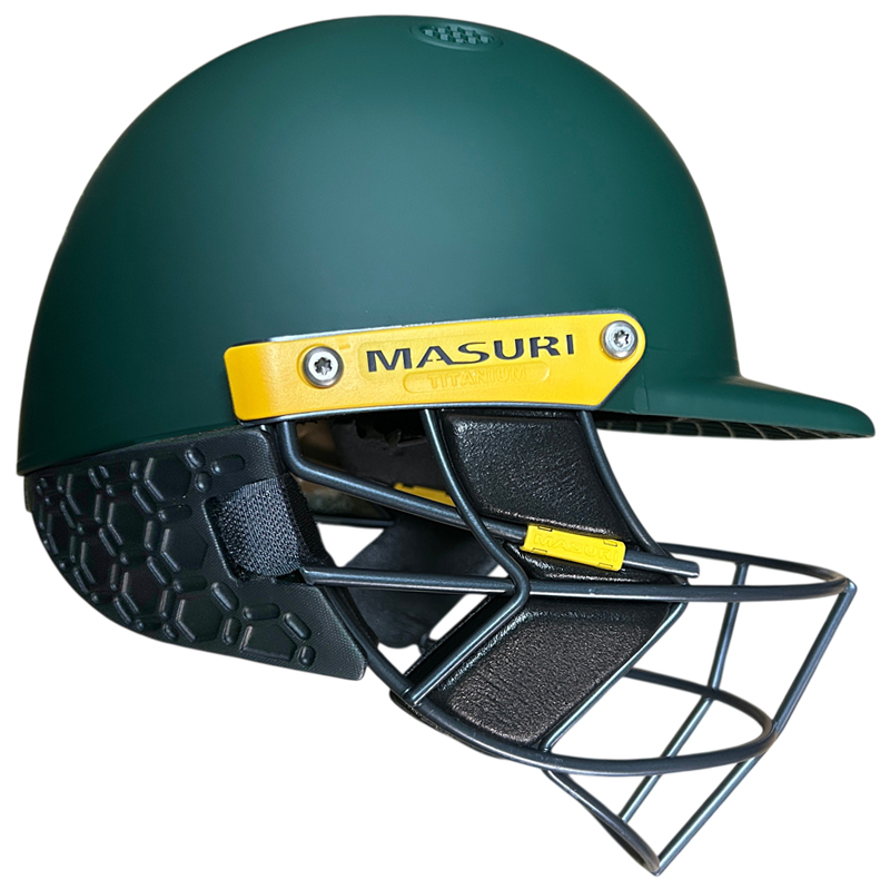 masuri t-line titanium grid helmet with neck guard green